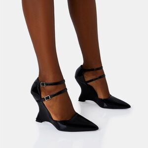 Public Desire Black Patent Peep-Toe Block Heels